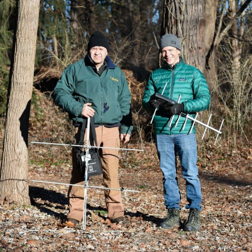 Dropping Collar Dr. Eugene Potapov (BAC) and Chris Mendel (PERT) with devices for remote collar release and retrieval.